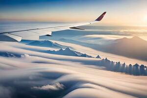 ein Flugzeug Flügel fliegend Über Wolken und Berge. KI-generiert foto