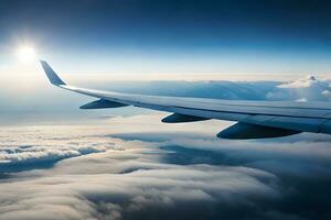 ein Flugzeug Flügel ist gesehen fliegend über das Wolken. KI-generiert foto