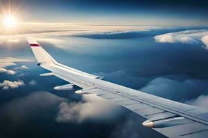 ein Flugzeug Flügel fliegend über das Wolken. KI-generiert foto