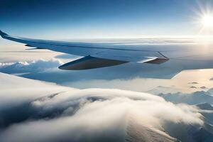 ein Flugzeug Flügel fliegend Über das Wolken. KI-generiert foto