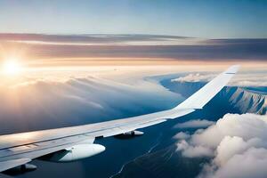 ein Flugzeug Flügel fliegend Über das Wolken. KI-generiert foto