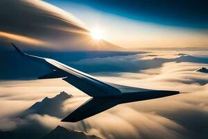 ein Jet Flugzeug fliegend Über das Wolken mit das Sonne im das Hintergrund. KI-generiert foto