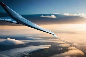 ein Flugzeug fliegend Über das Wolken mit ein Schwanz. KI-generiert foto