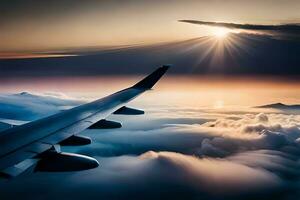 ein Flugzeug Flügel ist fliegend über das Wolken. KI-generiert foto