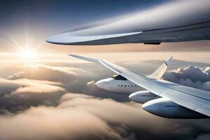 zwei groß Flugzeuge fliegend im das Himmel mit das Sonne im das Hintergrund. KI-generiert foto