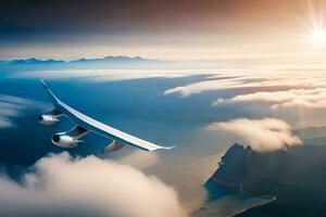 ein Flugzeug fliegend Über das Ozean mit Wolken im das Hintergrund. KI-generiert foto