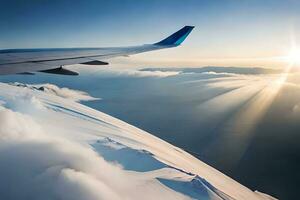 ein Flugzeug Flügel ist fliegend Über ein schneebedeckt Berg. KI-generiert foto