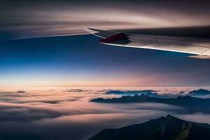 ein Flugzeug Flügel ist gesehen fliegend Über das Wolken. KI-generiert foto