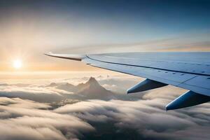 ein Flugzeug Flügel ist fliegend Über das Wolken. KI-generiert foto