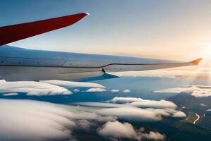 ein Flugzeug Flügel ist gesehen fliegend Über Wolken. KI-generiert foto