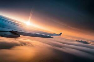 ein Flugzeug Flügel ist gesehen fliegend Über Wolken. KI-generiert foto