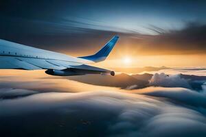 ein Flugzeug fliegend Über Wolken beim Sonnenuntergang. KI-generiert foto