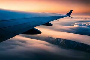 ein Flugzeug Flügel ist gesehen fliegend Über Wolken. KI-generiert foto