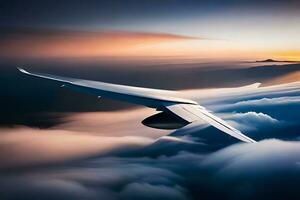 ein Flugzeug fliegend durch das Wolken beim Sonnenuntergang. KI-generiert foto