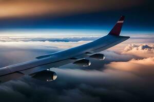 ein Flugzeug Flügel fliegend über das Wolken. KI-generiert foto