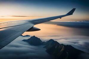 ein Flugzeug Flügel fliegend Über Berge und Wolken. KI-generiert foto