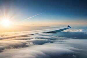 ein Flugzeug Flügel ist fliegend über das Wolken. KI-generiert foto