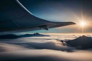 das Flügel von ein Flugzeug ist gesehen über das Wolken. KI-generiert foto