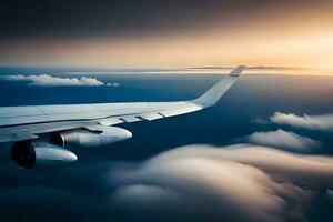 ein Flugzeug Flügel fliegend über das Wolken. KI-generiert foto