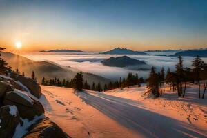 das Sonne steigt an Über das Berge im Winter. KI-generiert foto