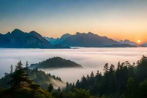 Sonnenaufgang Über das Berge und Nebel. KI-generiert foto