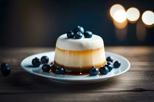 Panna Cotta mit Blaubeeren auf ein hölzern Tisch. KI-generiert foto