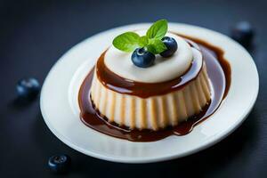 Torte Dessert mit Karamell Soße und Blaubeeren auf ein Weiß Platte. KI-generiert foto