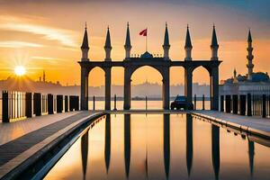 das Sonne setzt Über ein Moschee und ein Brücke. KI-generiert foto