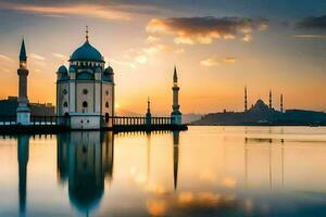 das Sonne setzt Über ein Moschee im Istanbul. KI-generiert foto