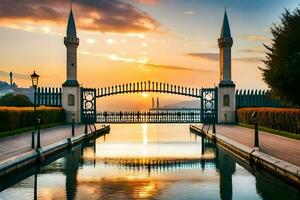 das Sonne steigt an Über ein Brücke und ein Moschee. KI-generiert foto