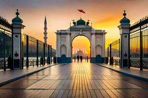 das Sonne ist Rahmen Über ein Brücke mit ein Moschee im das Hintergrund. KI-generiert foto