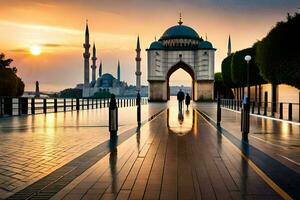 das Sonne ist Rahmen Über ein Moschee im Istanbul. KI-generiert foto