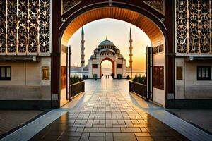 das Sonne setzt hinter das Moschee wie es ist gesehen durch ein Torbogen. KI-generiert foto