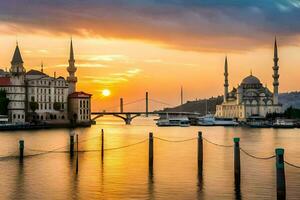 das Sonne setzt Über das Stadt von Istanbul. KI-generiert foto