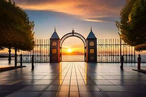 ein Tor beim Sonnenuntergang mit Bäume und ein Gebäude im das Hintergrund. KI-generiert foto