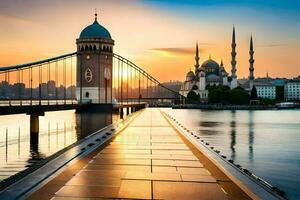 das Brücke Über das Fluss beim Sonnenuntergang. KI-generiert foto