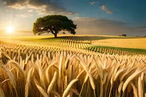 ein Feld von Weizen mit ein Baum im das Mitte beim Sonnenuntergang. KI-generiert foto