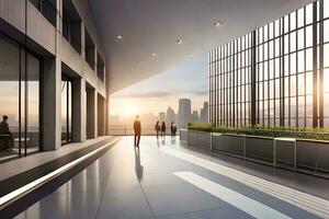 ein Aussicht von ein modern Büro Gebäude mit Menschen gehen. KI-generiert foto