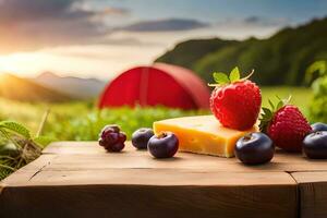 Käse, Beeren und ein Zelt im das Hintergrund. KI-generiert foto