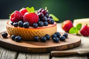 frisch Beeren auf ein Kuchen auf ein hölzern Tisch. KI-generiert foto