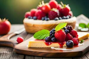 Käsekuchen mit Beeren und Sahne auf hölzern Tisch. KI-generiert foto