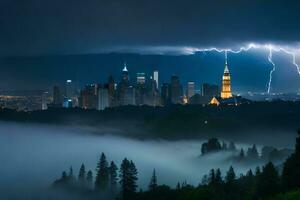 Blitz Streiks Über das Stadt Horizont beim Nacht. KI-generiert foto