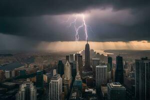 ein Blitz Bolzen Streiks durch das Himmel über ein Stadt. KI-generiert foto