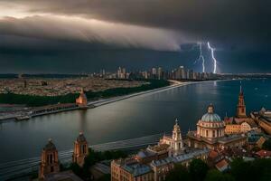 Blitz Streiks Über das Stadt von st petersburg, Russland. KI-generiert foto