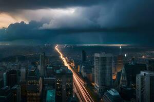 ein Stadt unter ein stürmisch Himmel mit ein Licht Pfad. KI-generiert foto
