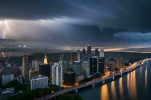 ein Stadt unter ein stürmisch Himmel mit Blitz. KI-generiert foto