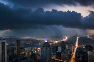 ein stürmisch Himmel Über ein Stadt mit ein Licht leuchtenden durch das Wolken. KI-generiert foto