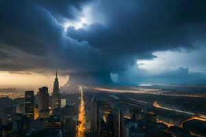 ein Stadt unter ein dunkel Wolke mit ein Stadt im das Hintergrund. KI-generiert foto