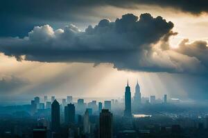 ein Stadt Horizont mit Wolken und Sonne Strahlen. KI-generiert foto