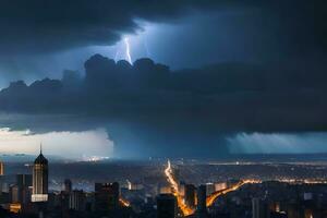 Blitz Streiks Über ein Stadt beim Nacht. KI-generiert foto